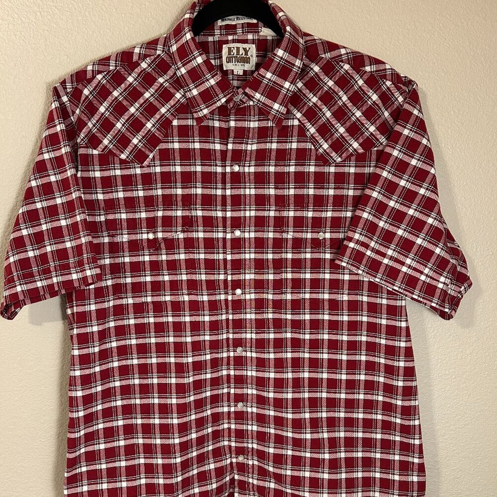 Men's Ely Cattleman Pearl Snap Short Sleeve Western Red and White Plaid Shirt